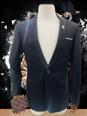 Men’s Navy Blazer – Shawl Lapel, Slim Fit, Elegant Formal Jacket Size 52 Regular